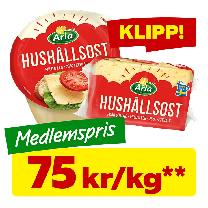 * Hushållsost/Götene Hushållsost. 75 kr/kg. Medlemspris. Arla. Fetthalt 17-26%. Välj mellan olika sorter. Ca 500-2200 g.