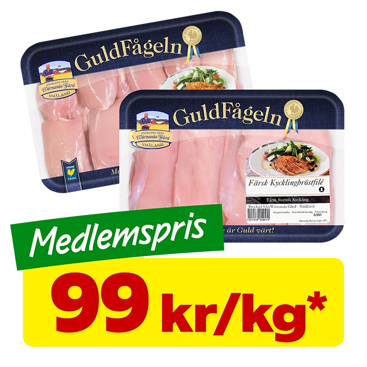 * Färsk kycklingfilé. 99 kr kg. Medlemspris. Sverige/Guldfågeln. Kyld. Välj mellan bröstfilé och lårfilé. Ca 900 g. Max 2 st/hushåll.