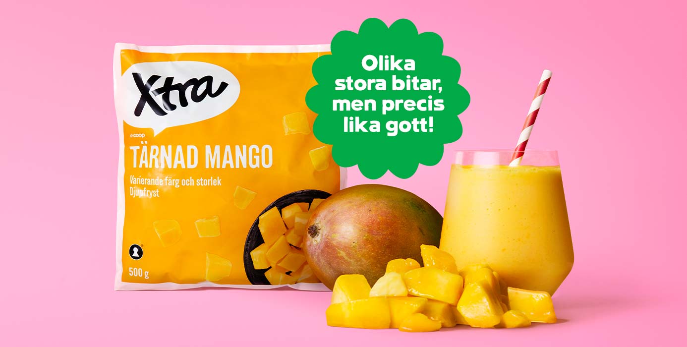 Xtra tärnad mango. Olika stora bitar men precis lika gott!