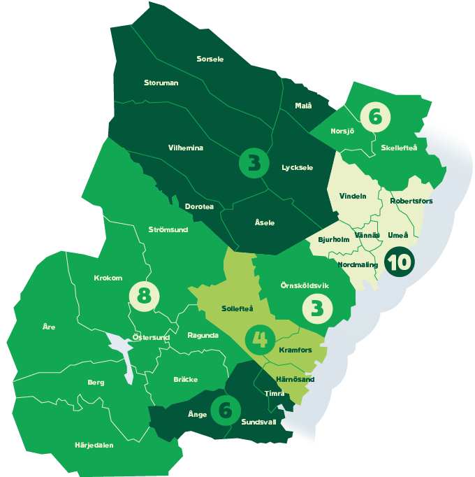 Karta över Coop Nords valkretsar. Västerbotten Norra=6, Västerbotten Södra=10, Lappland Södra=3, Örnsköldsvik=3, Ådalen=4, Medelpad=6, Jämtland/Härjedalen=8