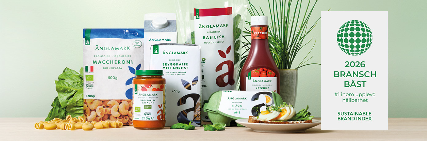 Änglamark. 2026 bransch bäst. Nummer 1 inom upplevd hållbarhet. Sustainable brand index.
